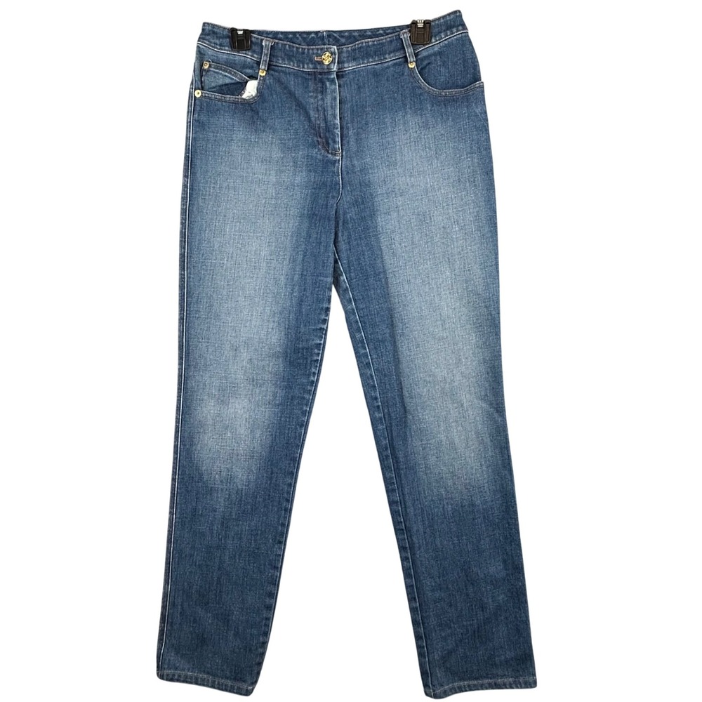 St John Blue Denim Straight Leg‎ Jeans Rhinestone Heart Back Pocket Size 10